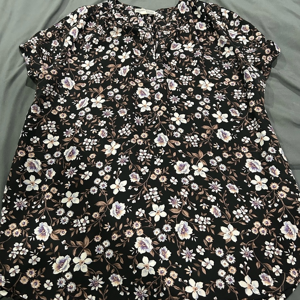 Pleione Black Short-Sleeve Floral Blouse with Cream & Lavender Flowers